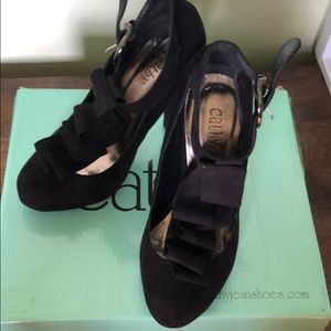 Black Suede Ruffle Heels